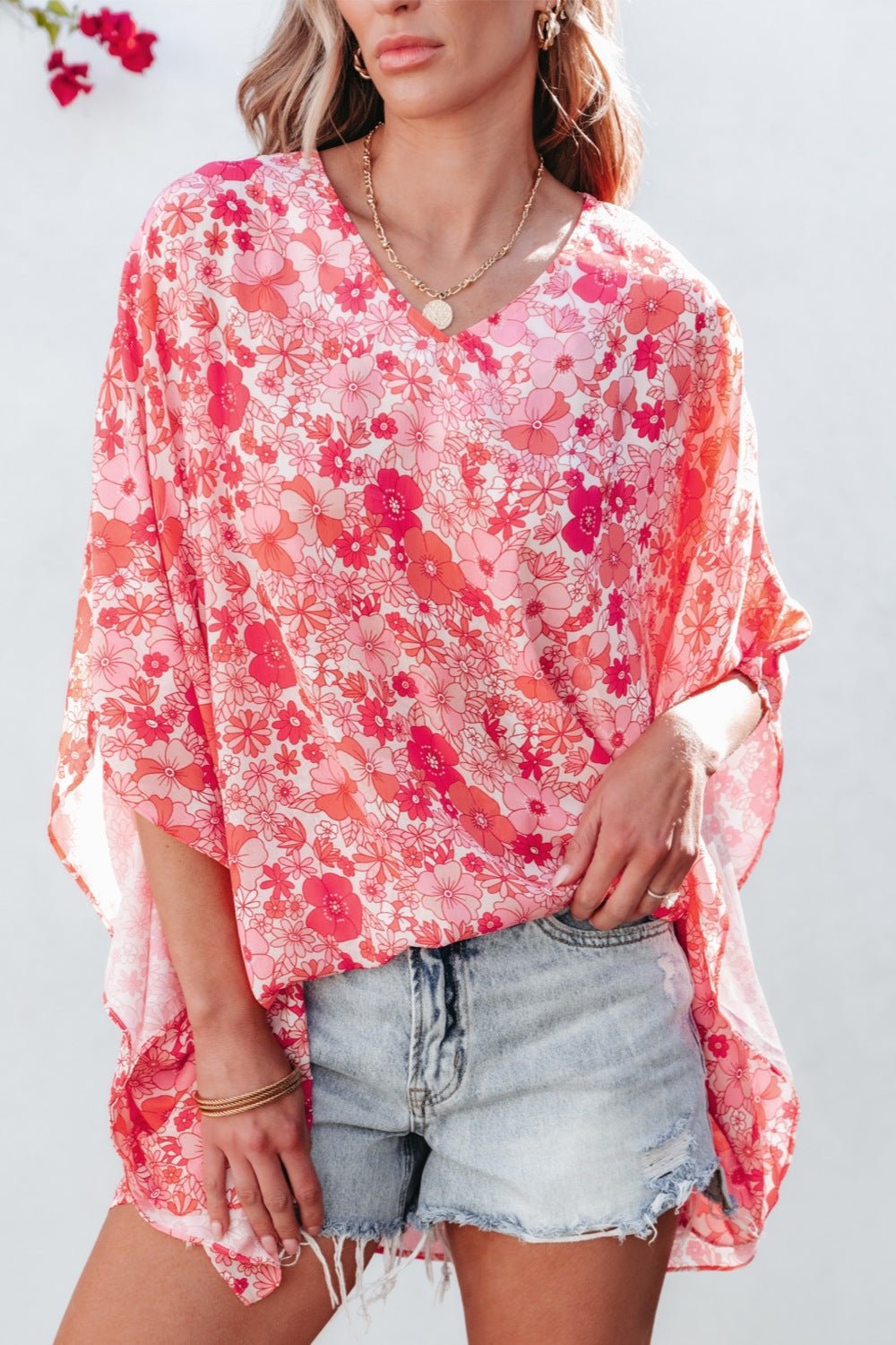 Floral V-Neck Three-Quarter Sleeve Blouse - Luminous Bear