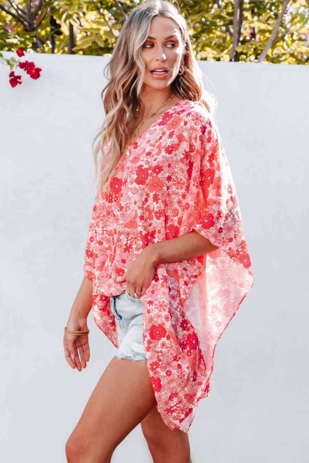 Floral V-Neck Three-Quarter Sleeve Blouse - Luminous Bear