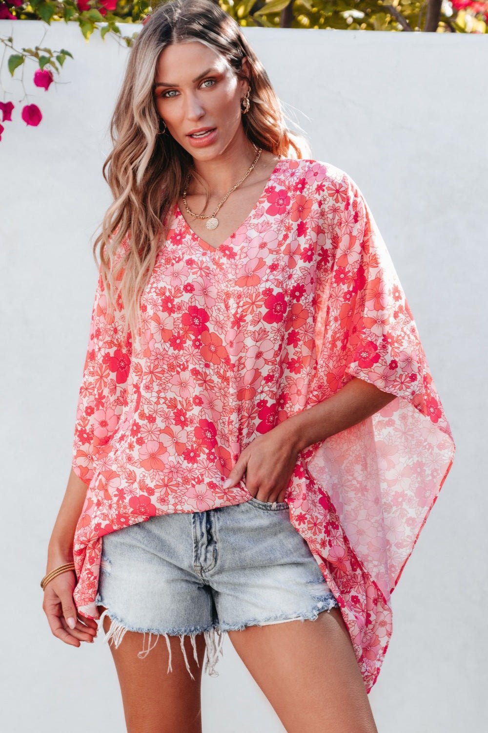 Floral V-Neck Three-Quarter Sleeve Blouse - Luminous Bear