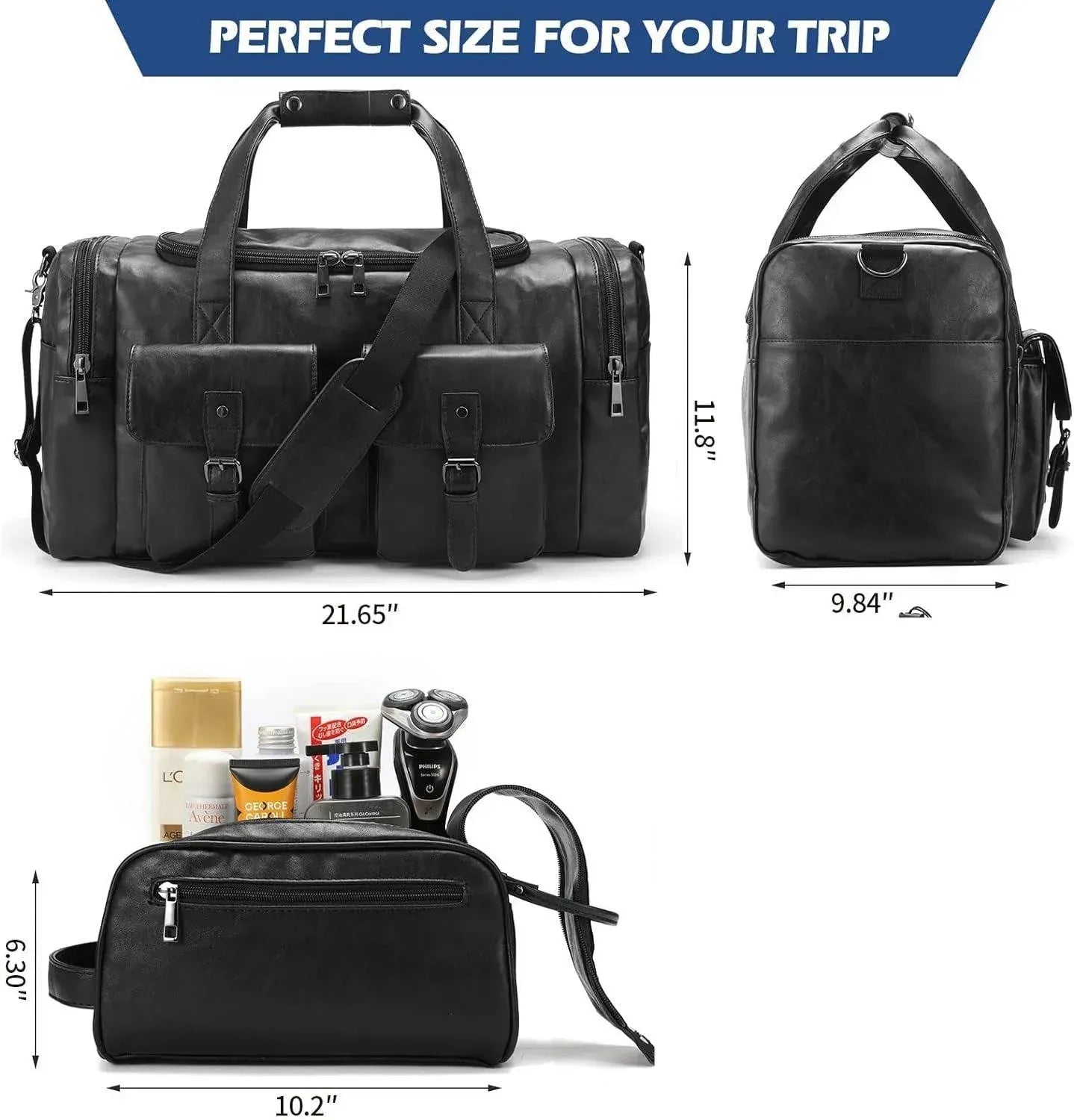 Leather Travel Set – 3-Piece Leather Duffel, Toiletry & Laundry Bag