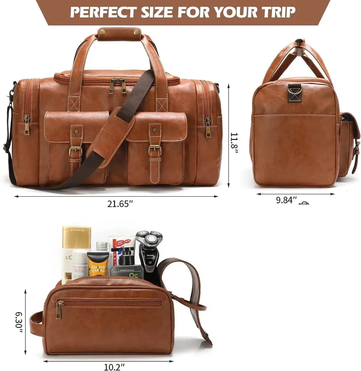 Leather Travel Set – 3-Piece Leather Duffel, Toiletry & Laundry Bag