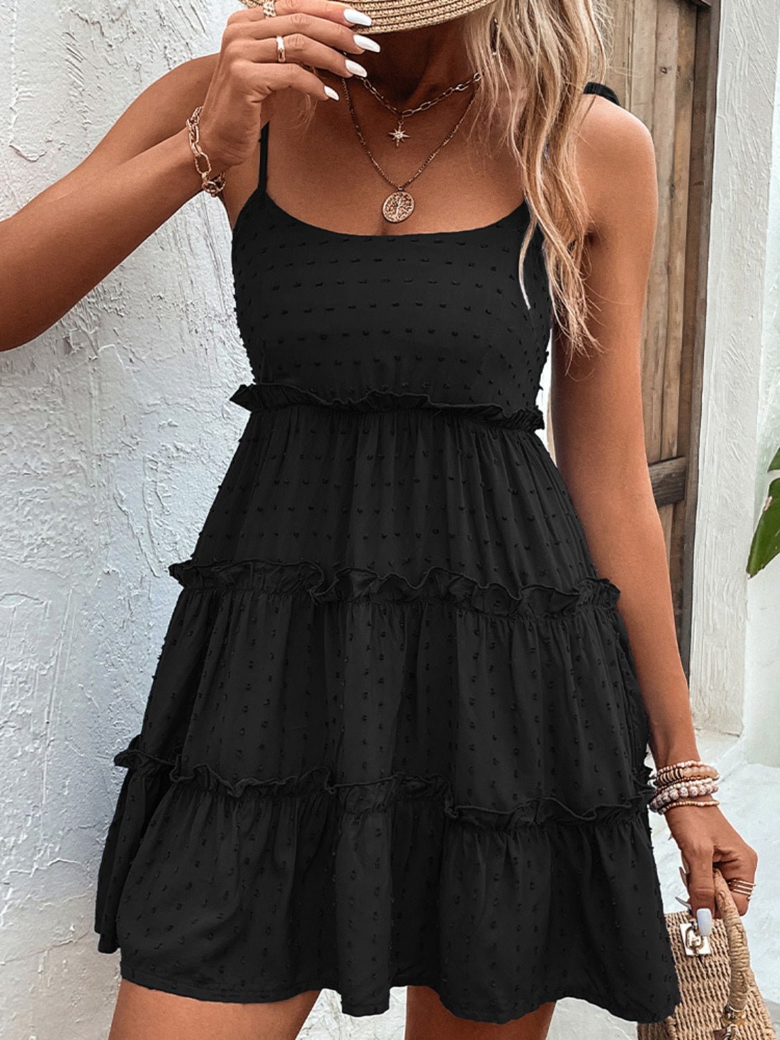 Frill Spaghetti Strap Tiered Dress - Luminous Bear