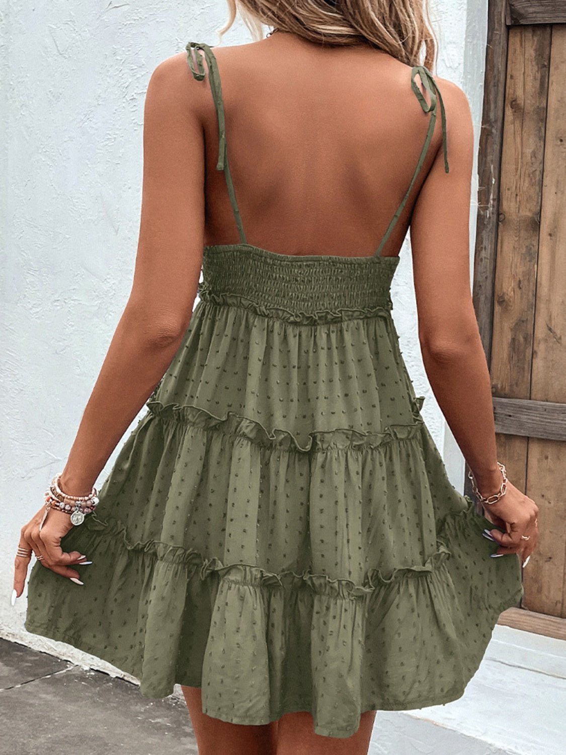 Frill Spaghetti Strap Tiered Dress - Luminous Bear