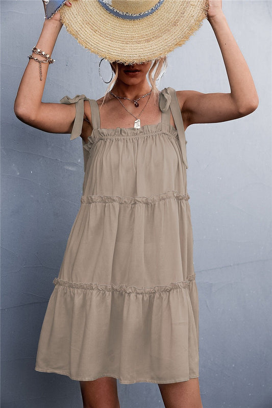 Frill Tiered Tie Shoulder Mini Cami Dress - Luminous Bear