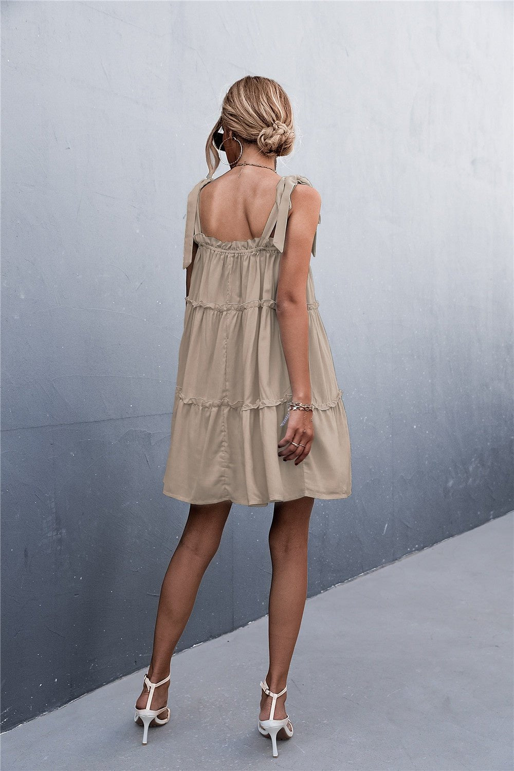Frill Tiered Tie Shoulder Mini Cami Dress - Luminous Bear