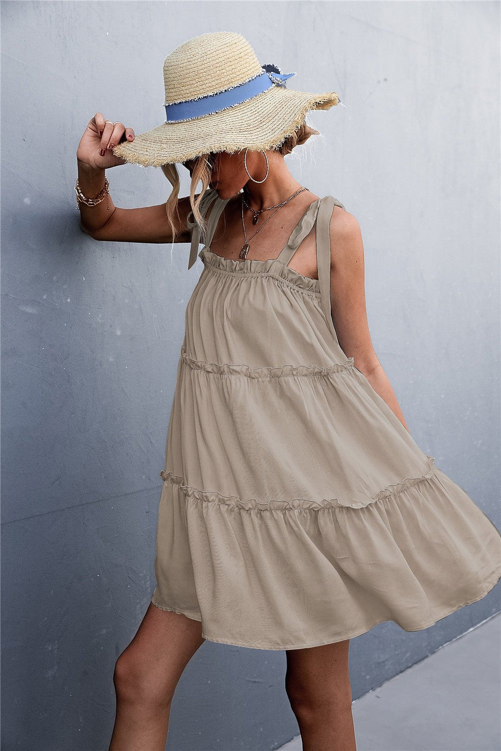 Frill Tiered Tie Shoulder Mini Cami Dress - Luminous Bear