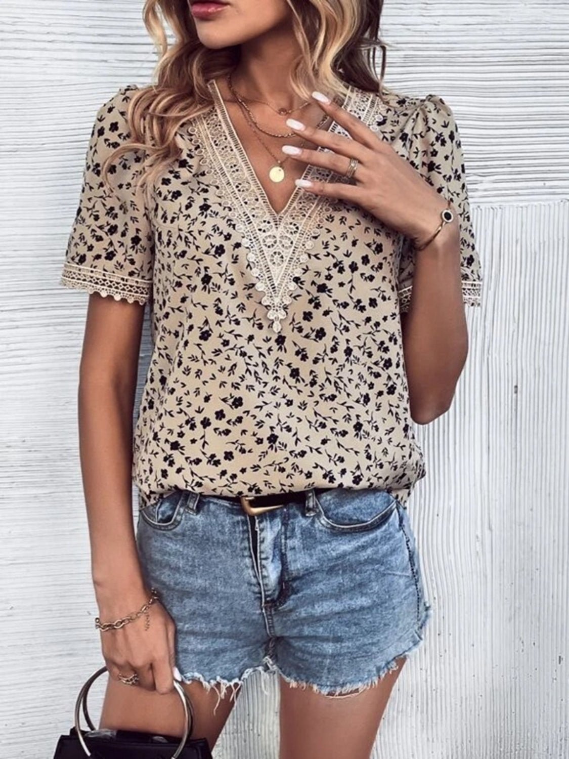 Full Size Printed V-Neck Short Sleeve Blouse - Luminous Bear