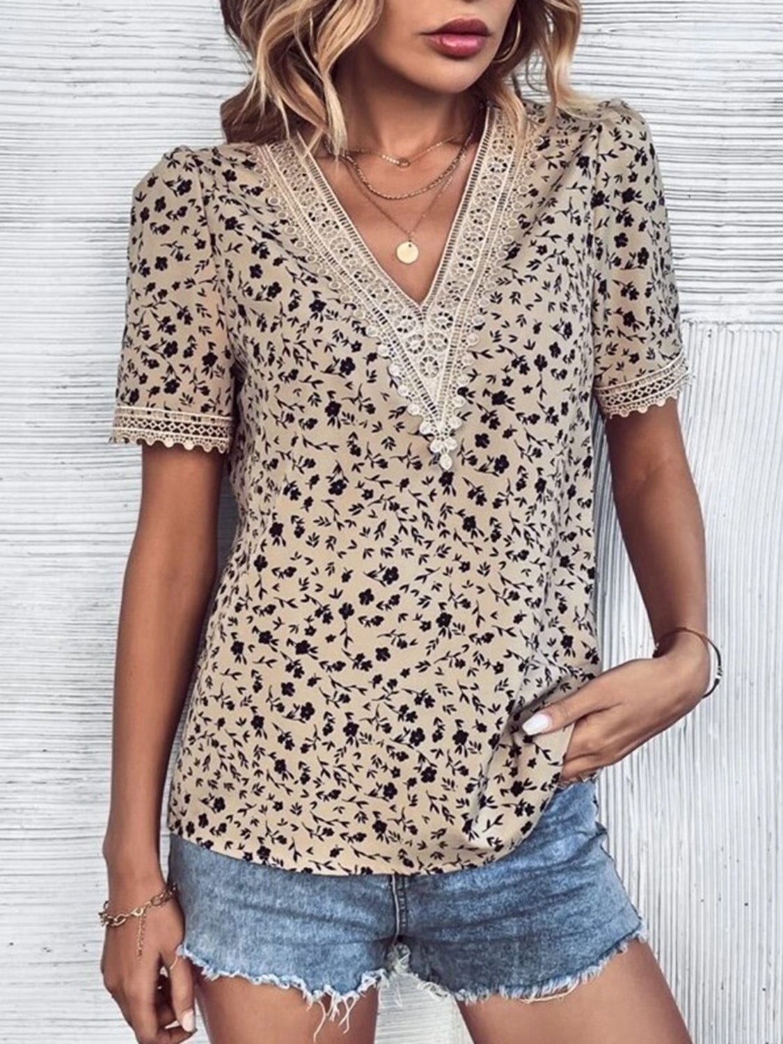 Full Size Printed V-Neck Short Sleeve Blouse - Luminous Bear