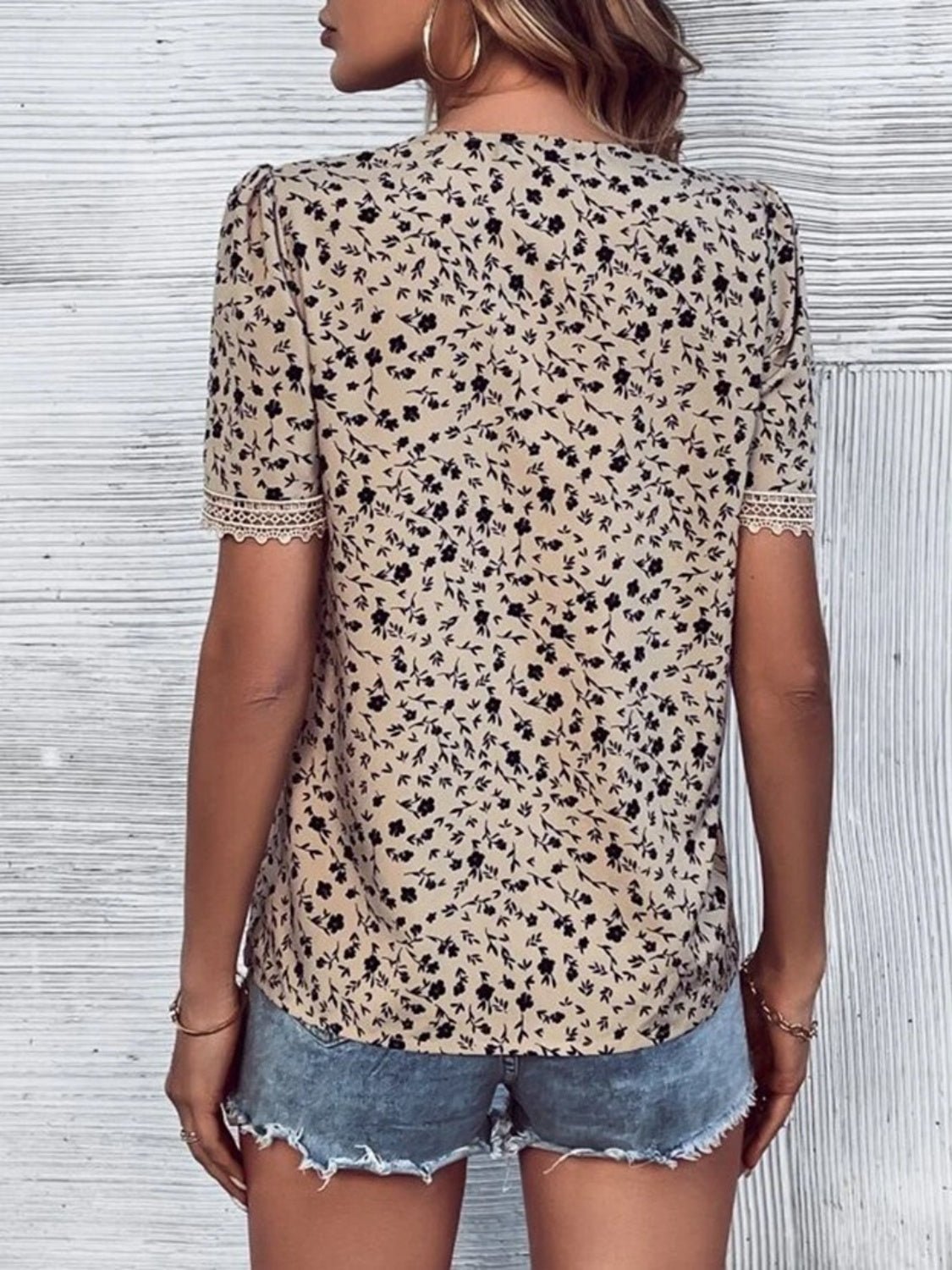 Full Size Printed V-Neck Short Sleeve Blouse - Luminous Bear