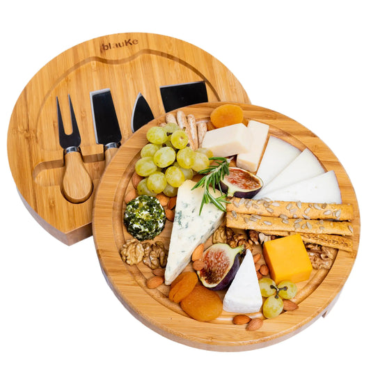 Bamboo Cheese Board and Knife Set - 10 Inch Swiveling Charcuterie Board with Slide-Out Drawer - Luminous Bear Shop