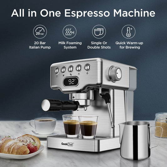 Geek Chef Espresso Machine, 20 Bar Espresso Machine With Milk Frother For Latte, Cappuccino, Macchiato, For Home Espresso Maker, 1.8L Water Tank, Stainless Steel, Ban On Amazon - Luminous Bear