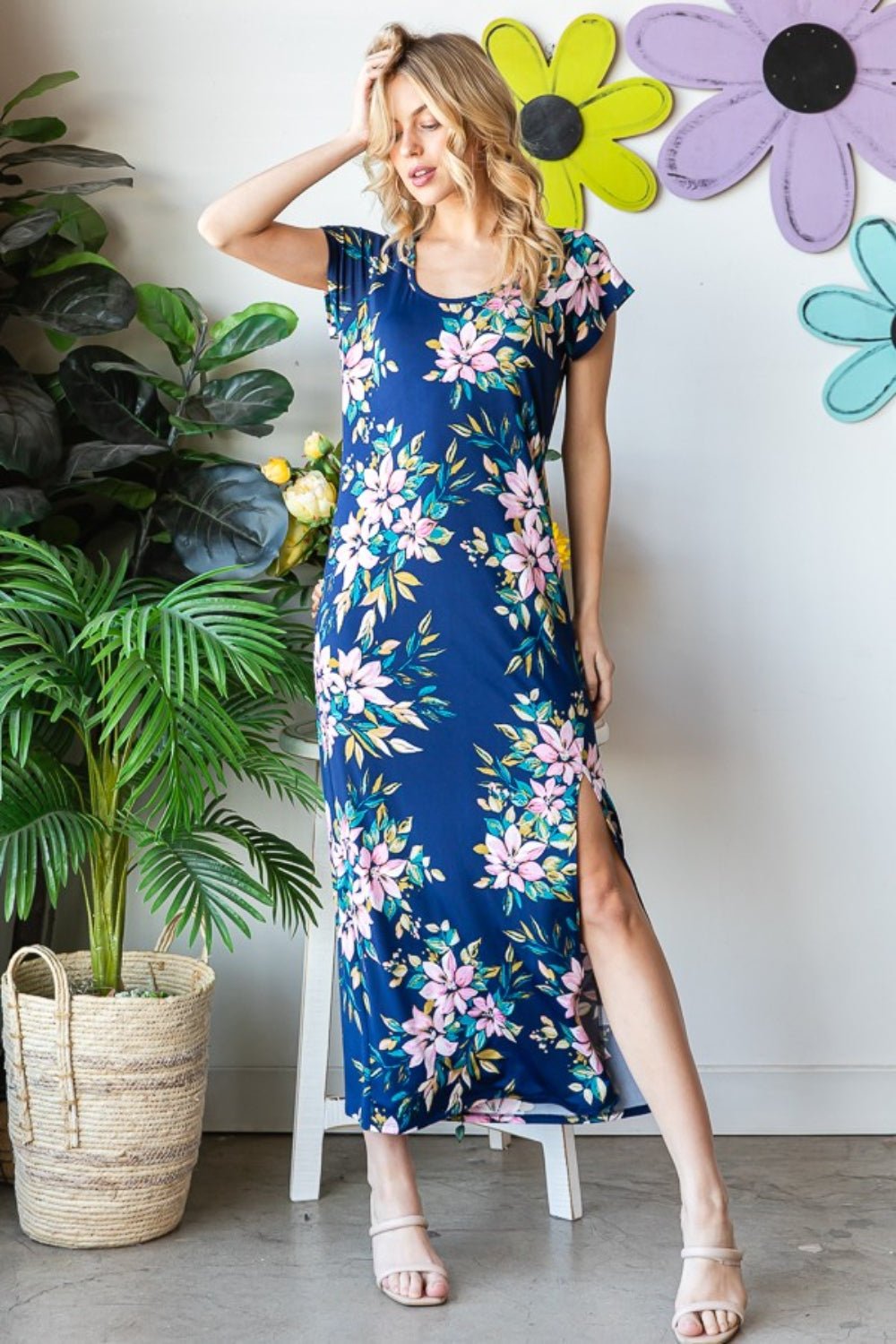 Heimish Full Size Floral Short Sleeve Slit Dress - Luminous Bear