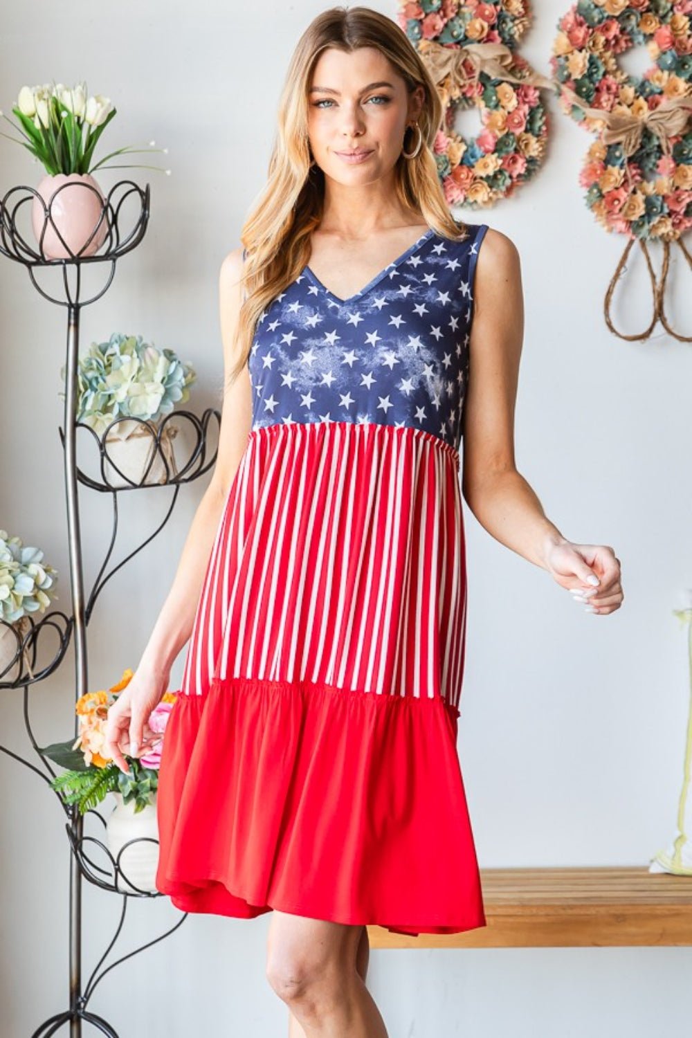 Heimish Full Size US Flag Theme Contrast Tank Dress - Luminous Bear