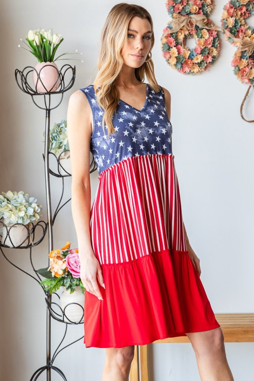 Heimish Full Size US Flag Theme Contrast Tank Dress - Luminous Bear
