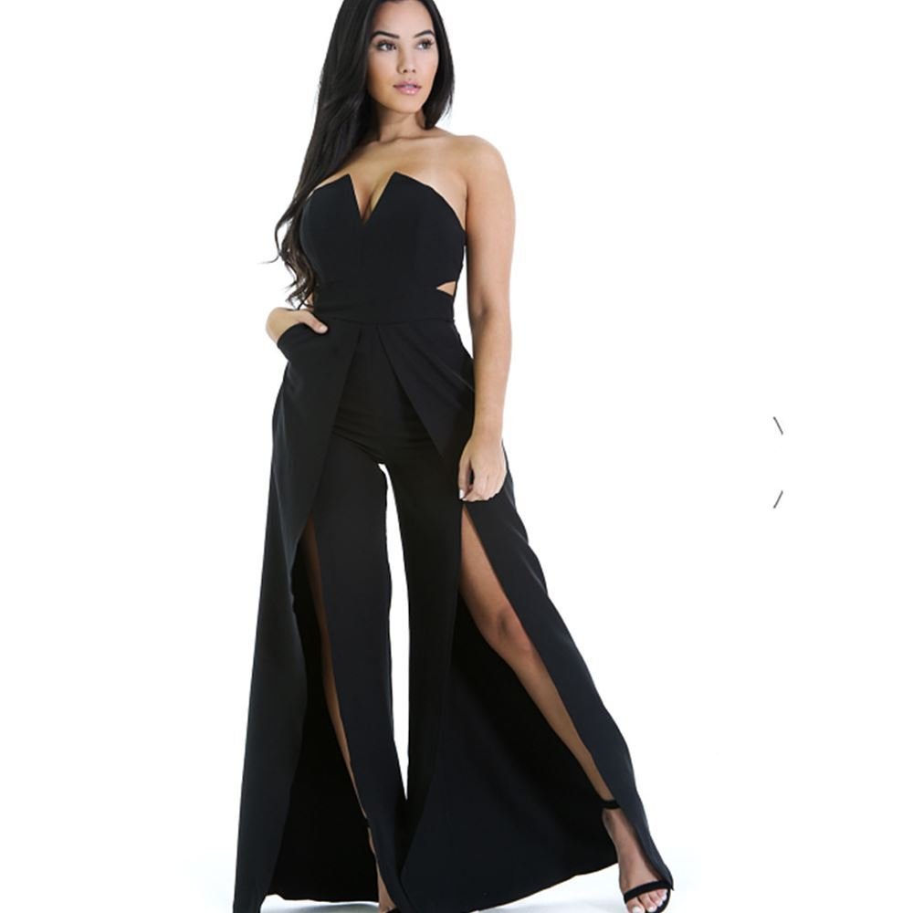 Hollow Long Jumpsuit Women Fashion Zipper Fitted Split Jumpsuit Elegant Breast Wide Leg Jumpsuit - Luminous Bear