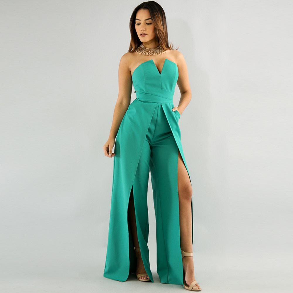 Hollow Long Jumpsuit Women Fashion Zipper Fitted Split Jumpsuit Elegant Breast Wide Leg Jumpsuit - Luminous Bear