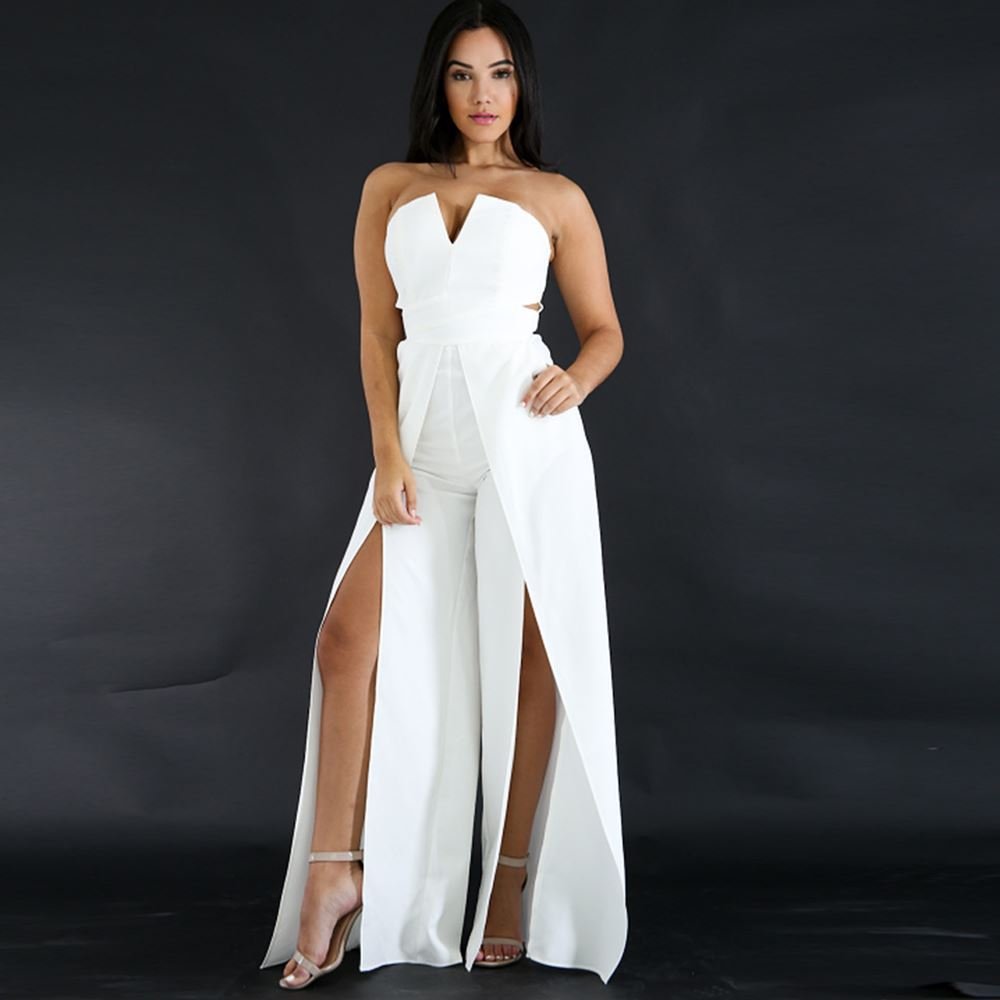 Hollow Long Jumpsuit Women Fashion Zipper Fitted Split Jumpsuit Elegant Breast Wide Leg Jumpsuit - Luminous Bear