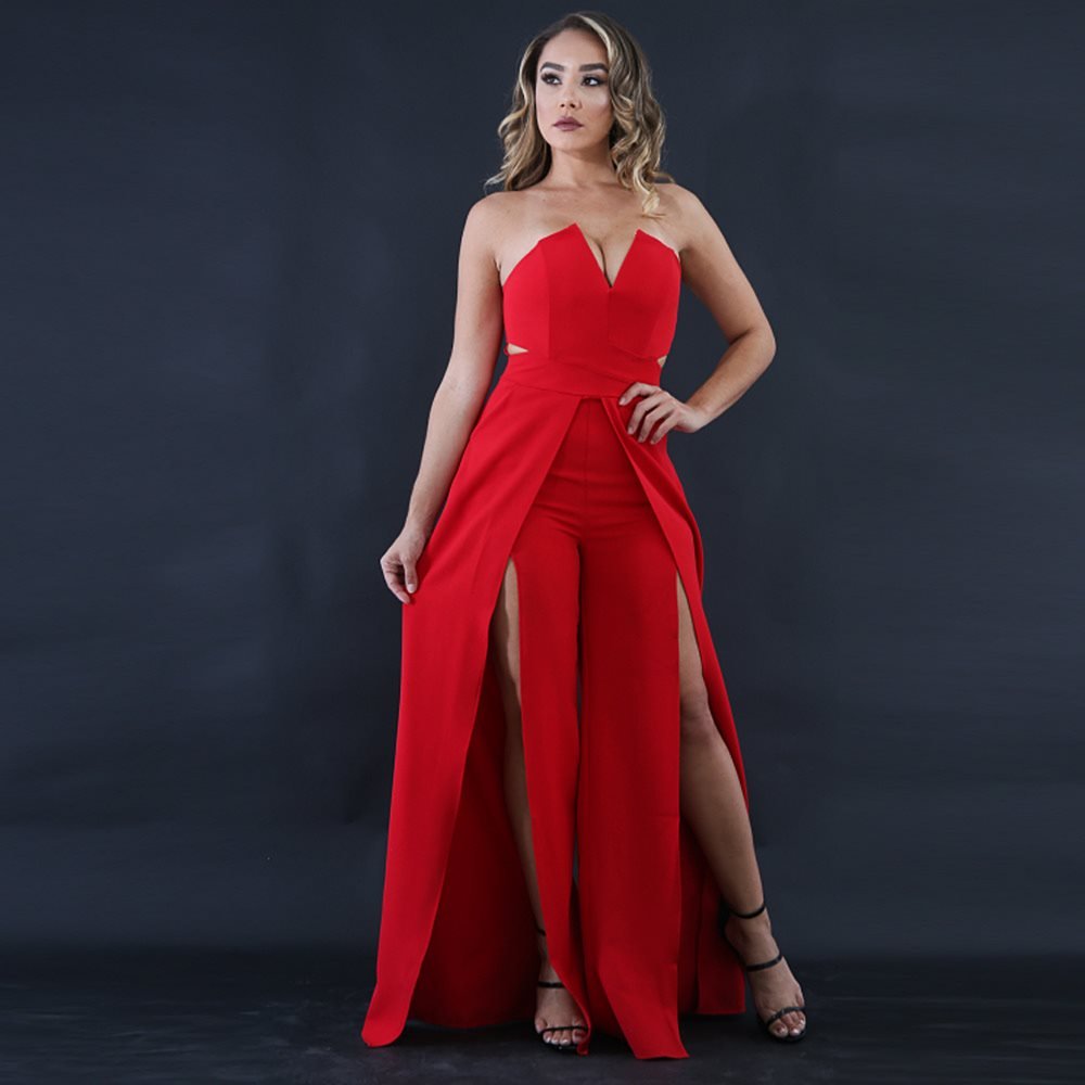 Hollow Long Jumpsuit Women Fashion Zipper Fitted Split Jumpsuit Elegant Breast Wide Leg Jumpsuit - Luminous Bear