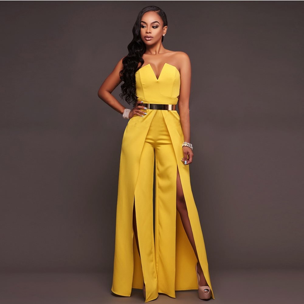 Hollow Long Jumpsuit Women Fashion Zipper Fitted Split Jumpsuit Elegant Breast Wide Leg Jumpsuit - Luminous Bear