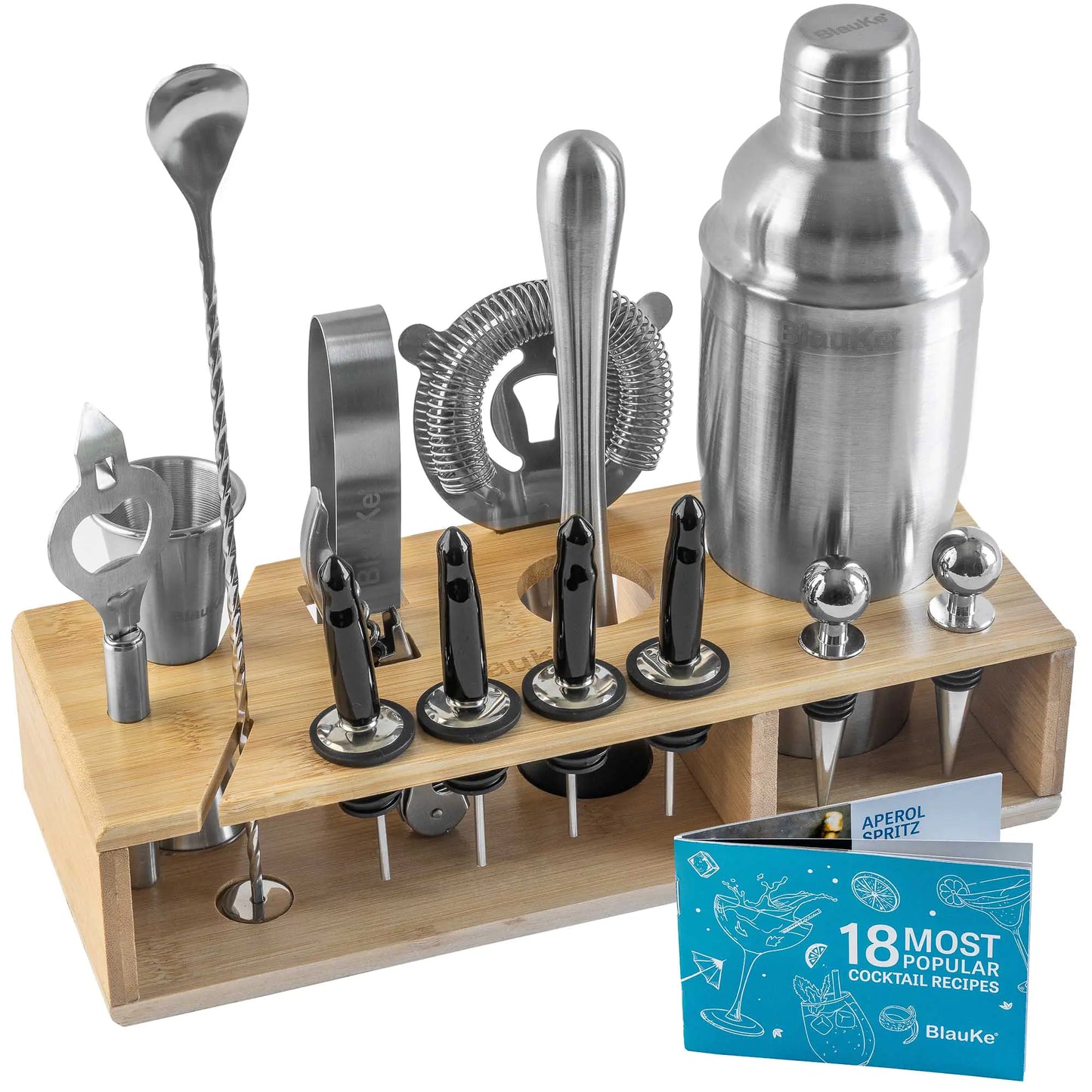 Stainless Steel Cocktail Shaker Set with Stand - 17-Piece Mixology Bartender Kit, Bar Set - 25oz Martini Shaker, Jigger, Strainer, Muddler, Mixing Spoon - Luminous Bear Shop