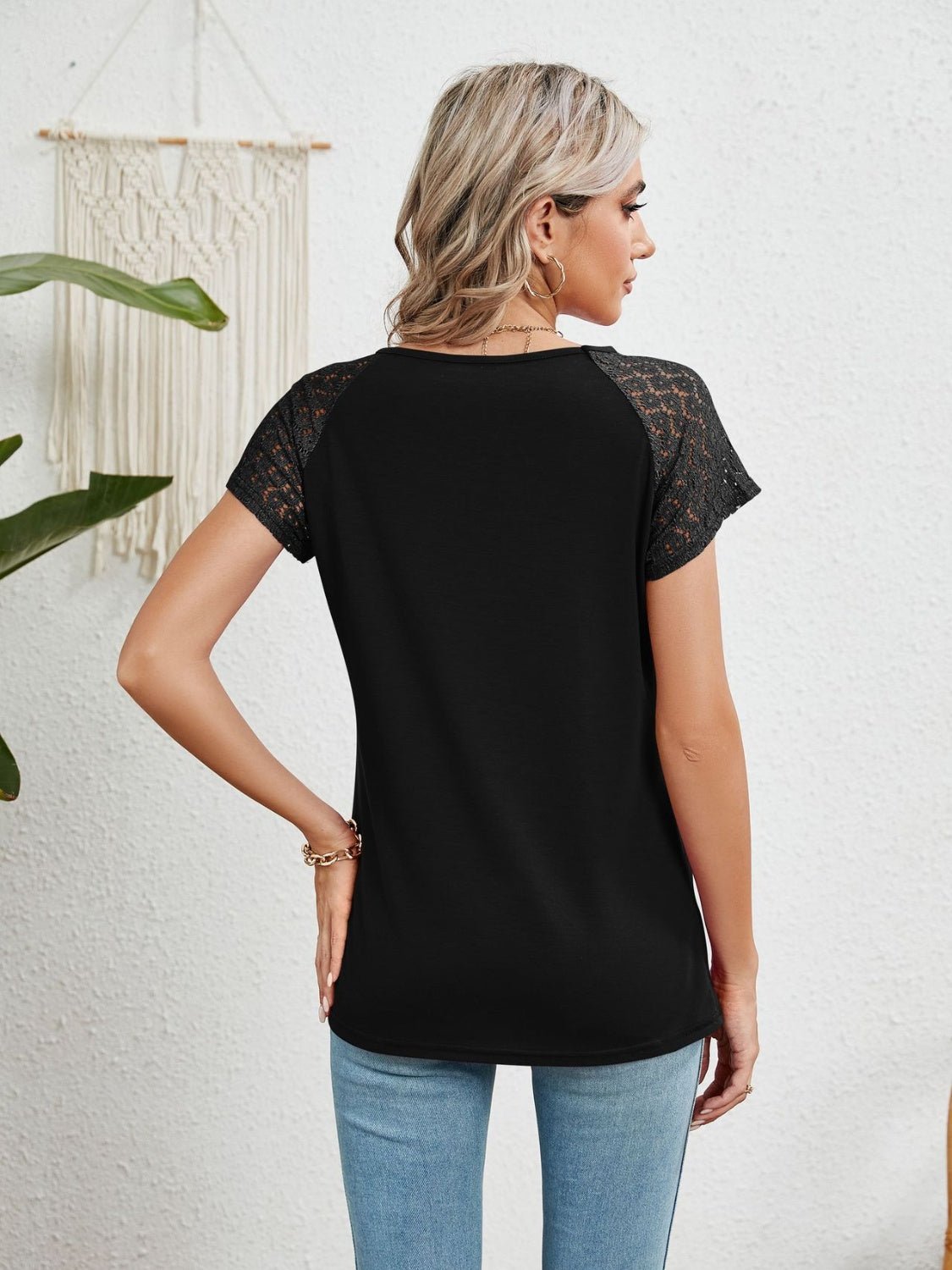 Lace Detail Round Neck Short Sleeve T-Shirt - Luminous Bear