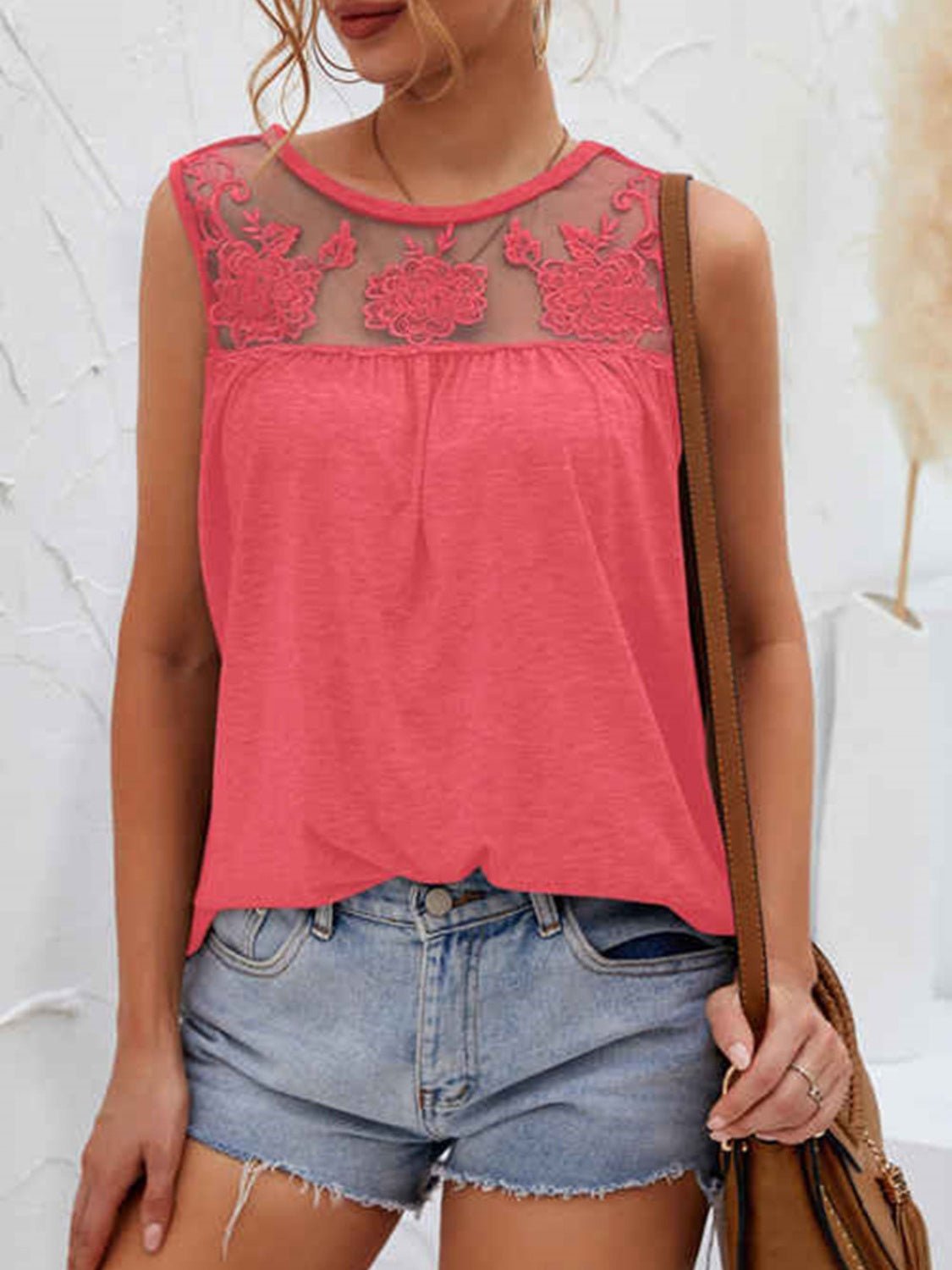 Lace Detail Round Neck Tank - Luminous Bear