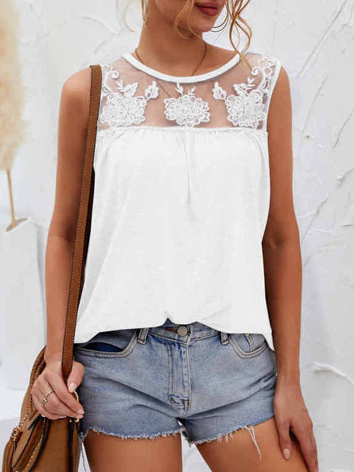 Lace Detail Round Neck Tank - Luminous Bear