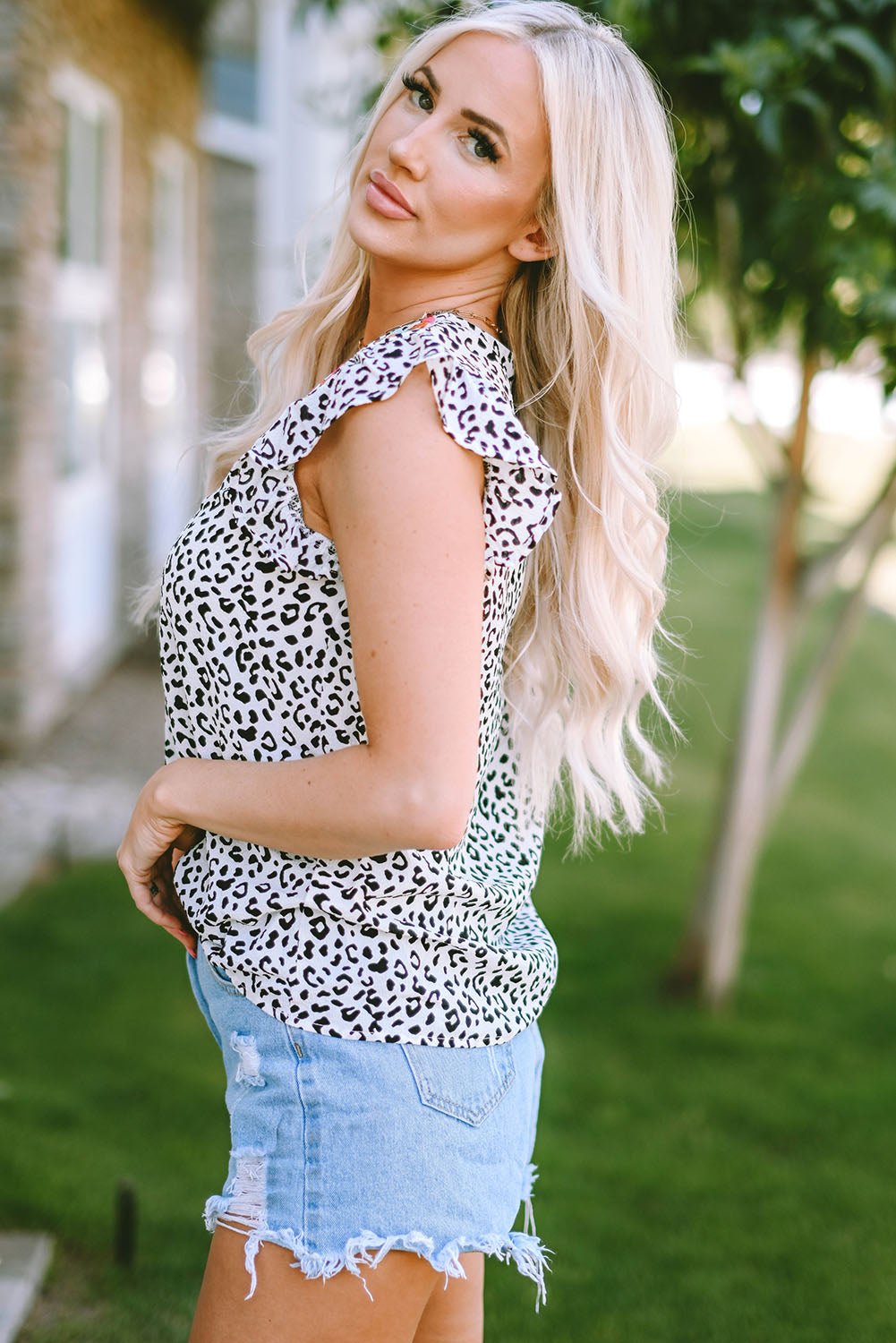Leopard Ruffled Notched Tank - Luminous Bear