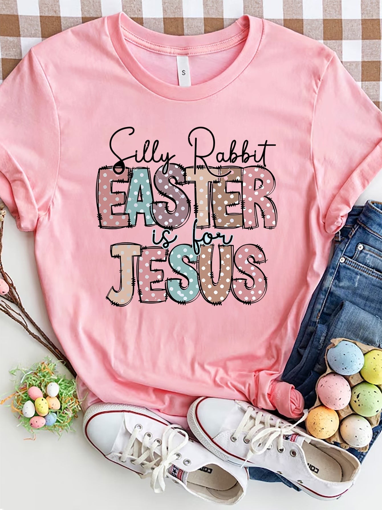 Letter Graphic Round Neck Short Sleeve T-Shirt - Luminous Bear