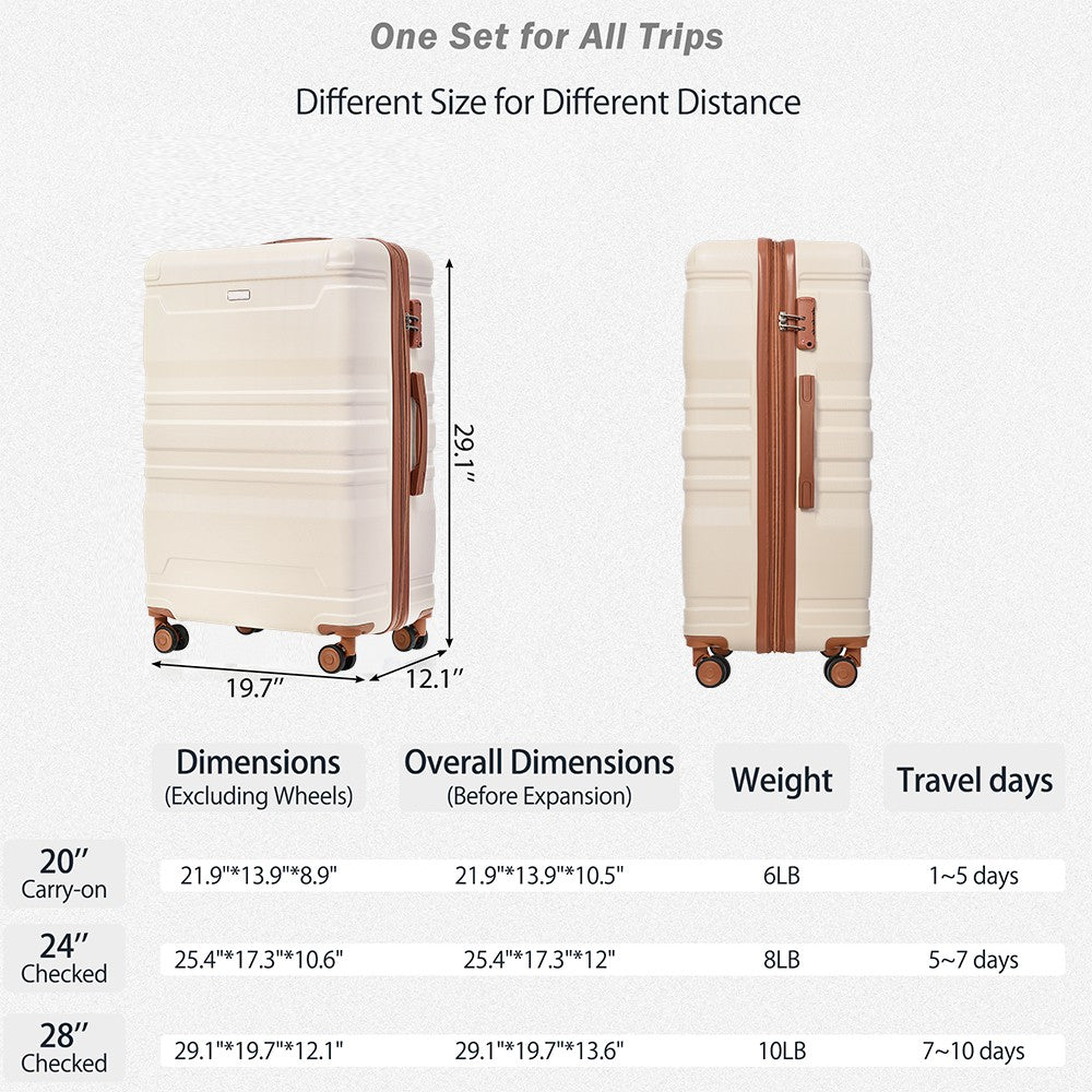 Luggage Sets New Model Expandable ABS Hardshell 3pcs Clearance Luggage (Beige and Brown) - Luminous Bear