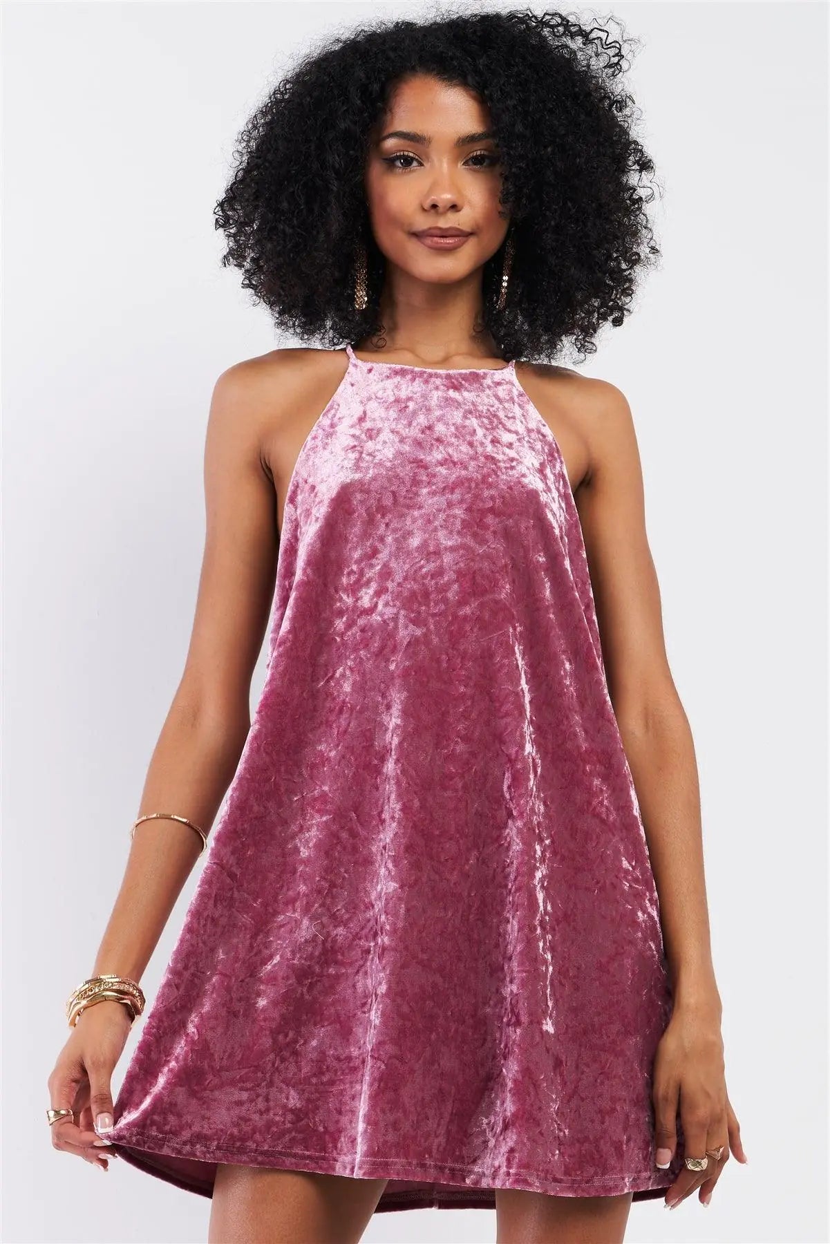 Pink Rose Velvet Square Halter Neck Mini Dress - Luminous Bear Shop