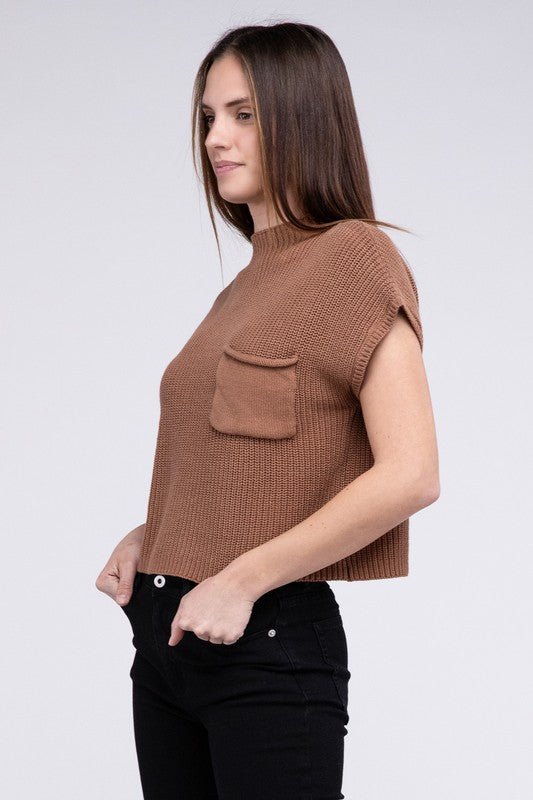 Mock Neck Short Sleeve Cropped Sweater - Luminous Bear