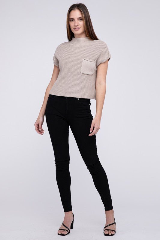 Mock Neck Short Sleeve Cropped Sweater - Luminous Bear