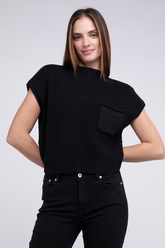 Mock Neck Short Sleeve Cropped Sweater - Luminous Bear