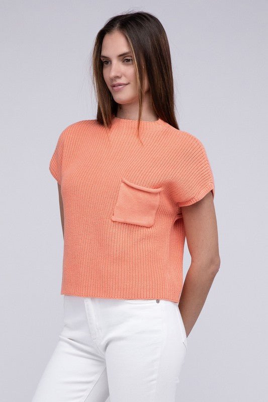 Mock Neck Short Sleeve Cropped Sweater - Luminous Bear