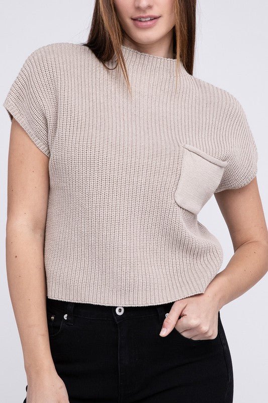 Mock Neck Short Sleeve Cropped Sweater - Luminous Bear