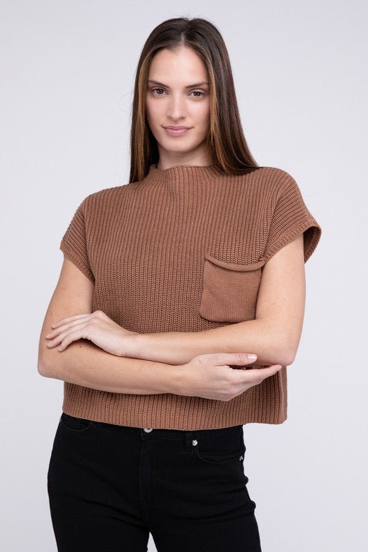 Mock Neck Short Sleeve Cropped Sweater - Luminous Bear