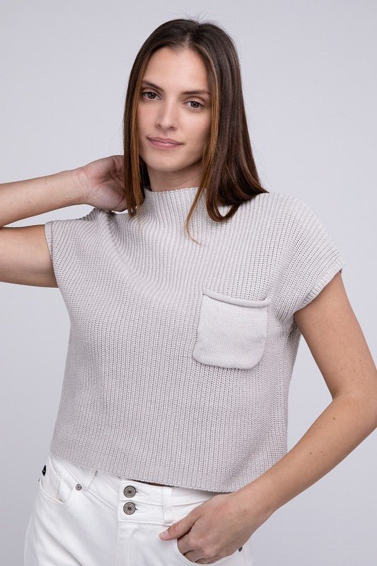 Mock Neck Short Sleeve Cropped Sweater - Luminous Bear