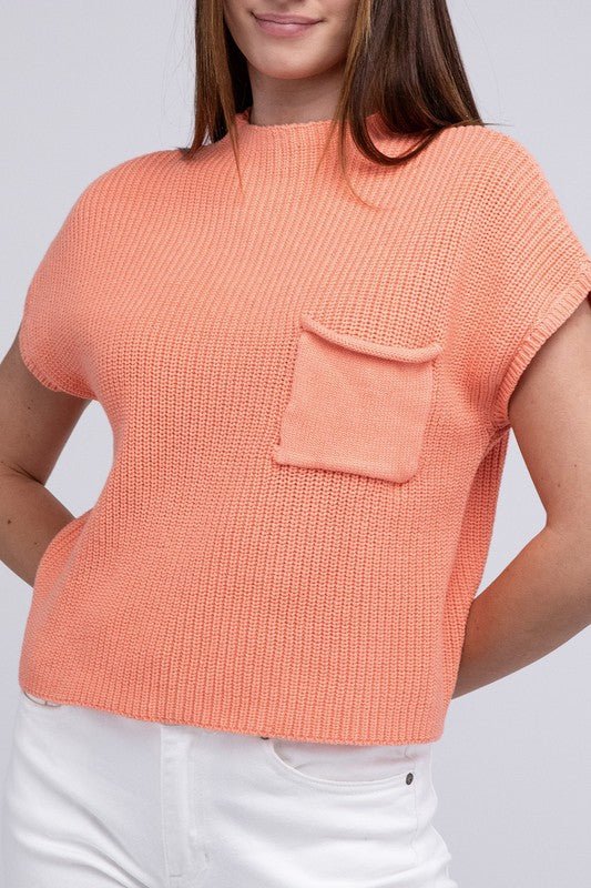 Mock Neck Short Sleeve Cropped Sweater - Luminous Bear