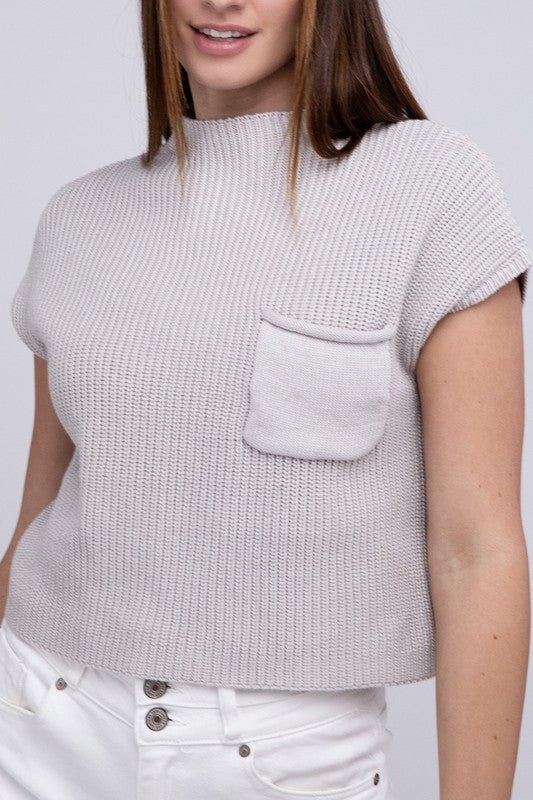 Mock Neck Short Sleeve Cropped Sweater - Luminous Bear
