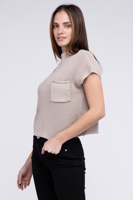 Mock Neck Short Sleeve Cropped Sweater - Luminous Bear