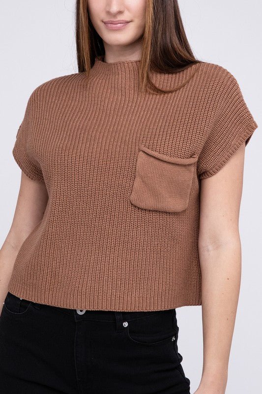 Mock Neck Short Sleeve Cropped Sweater - Luminous Bear