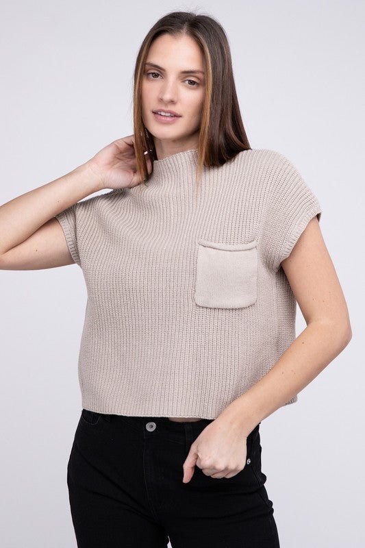 Mock Neck Short Sleeve Cropped Sweater - Luminous Bear