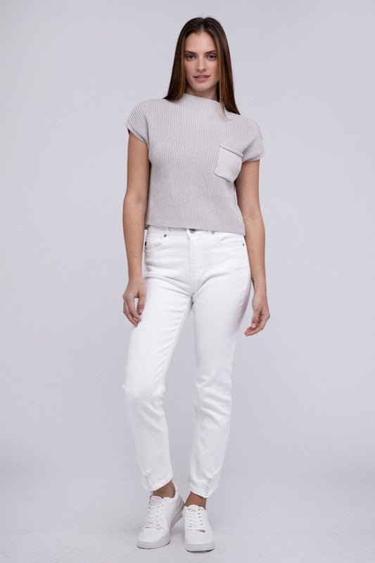 Mock Neck Short Sleeve Cropped Sweater - Luminous Bear