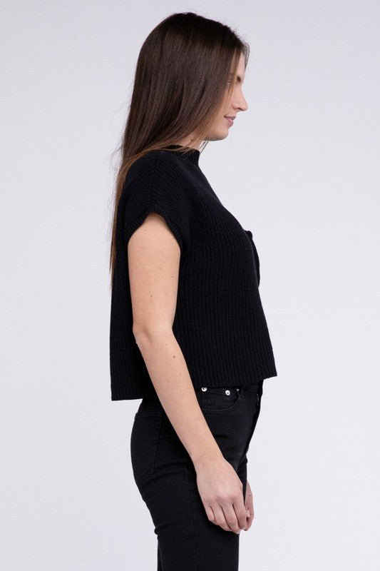 Mock Neck Short Sleeve Cropped Sweater - Luminous Bear
