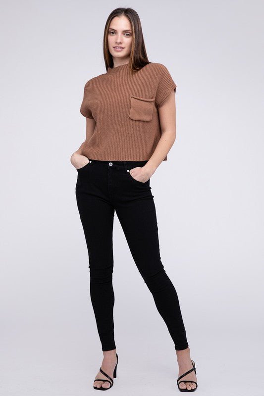 Mock Neck Short Sleeve Cropped Sweater - Luminous Bear