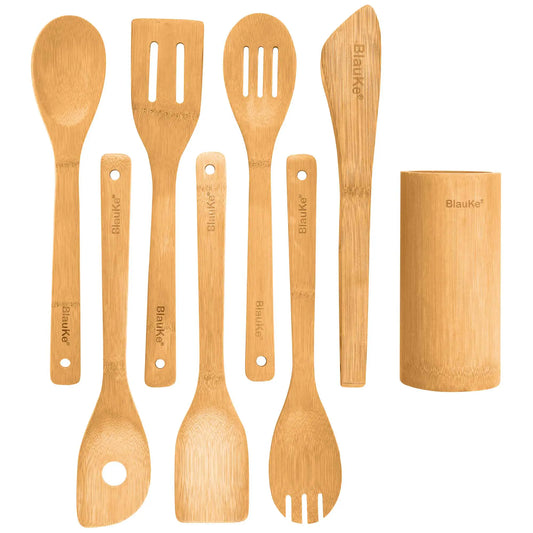 Bamboo Kitchen Utensils Set 8-Pack - Wooden Cooking Utensils for Nonstick Cookware - Wooden Cooking Spoons, Spatulas, Turner, Tongs, Utensil Holder - Luminous Bear Shop