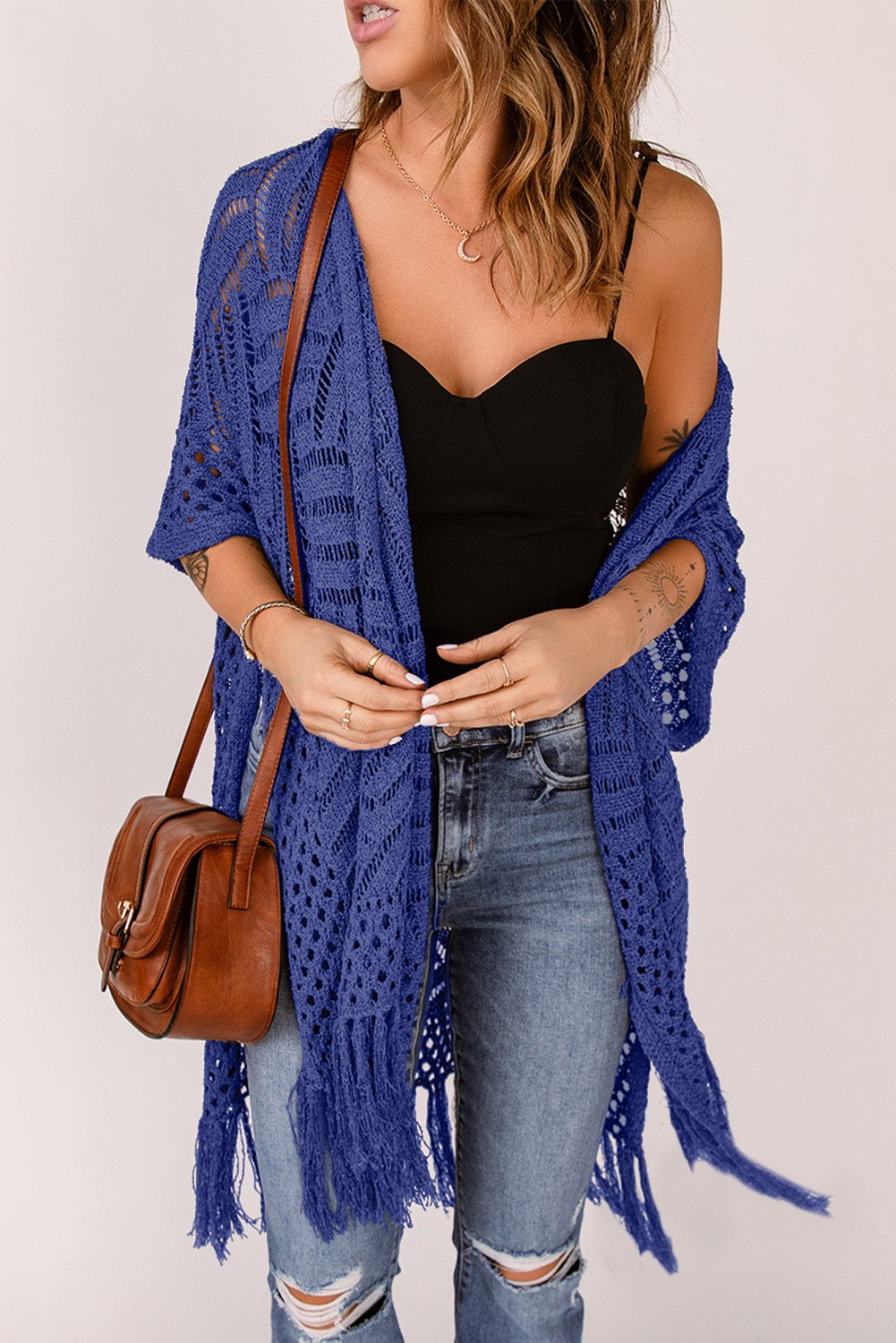 Openwork Open Front Cardigan with Fringes - Luminous Bear