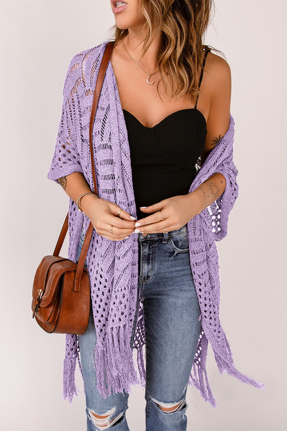Openwork Open Front Cardigan with Fringes - Luminous Bear