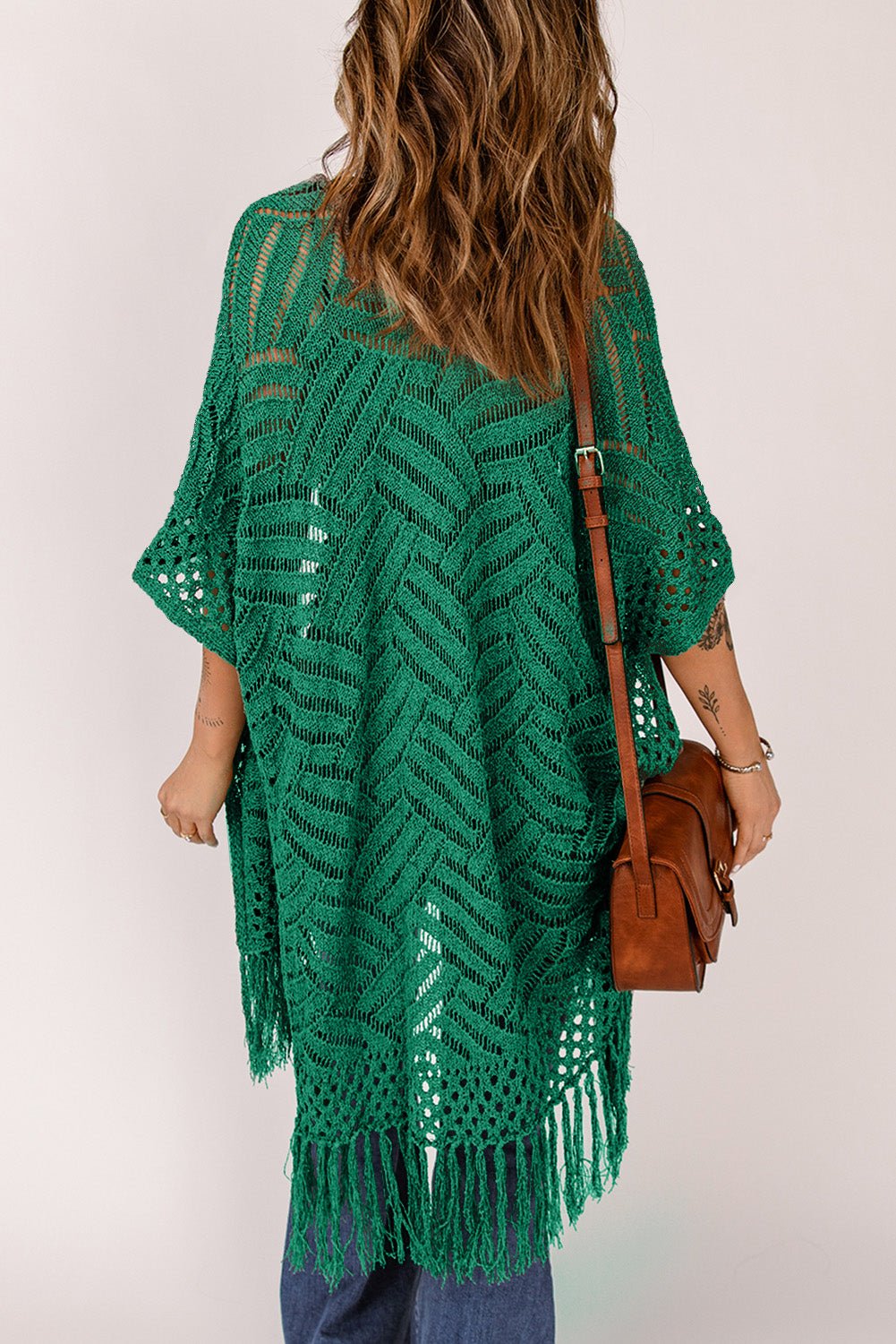 Openwork Open Front Cardigan with Fringes - Luminous Bear